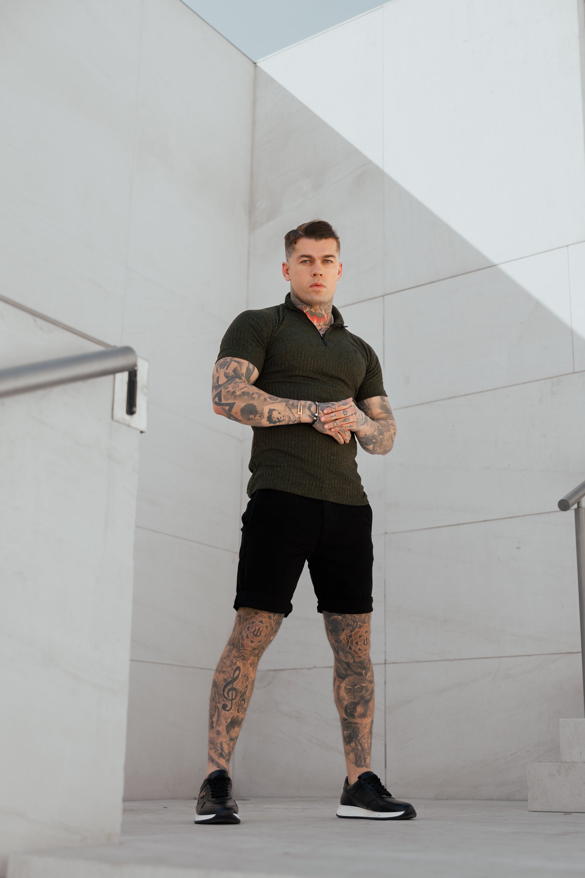 Classic Khaki Ribbed Zip Funnel Neck Raglan Short Sleeve Crew - FSH731