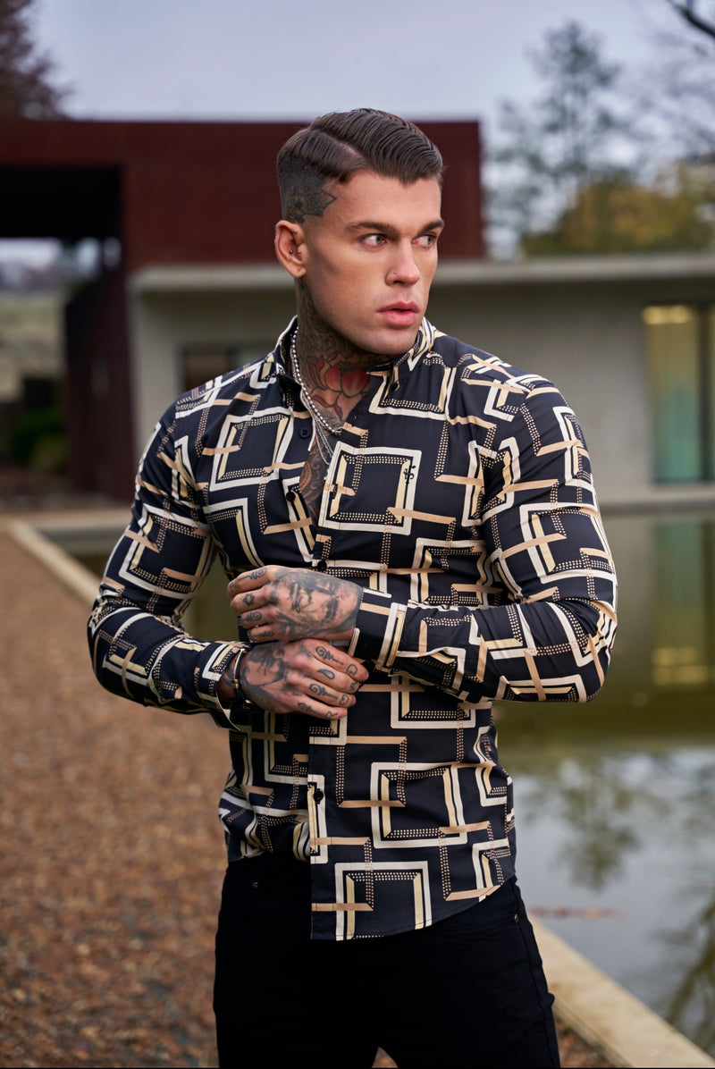 Father Sons Super Slim Stretch Black / Cream Interlinked Square Print Long Sleeve with Button Down Collar - FS850