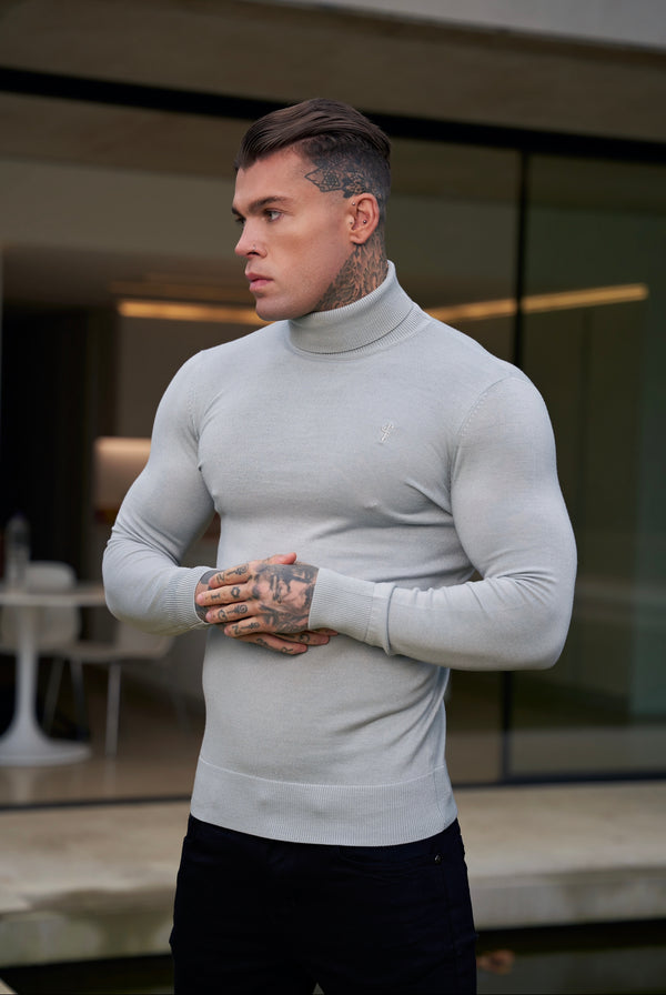 Father Sons Classic Grey Roll Neck Merino Wool Knitted Sweater With FS Embroidery - FSN013