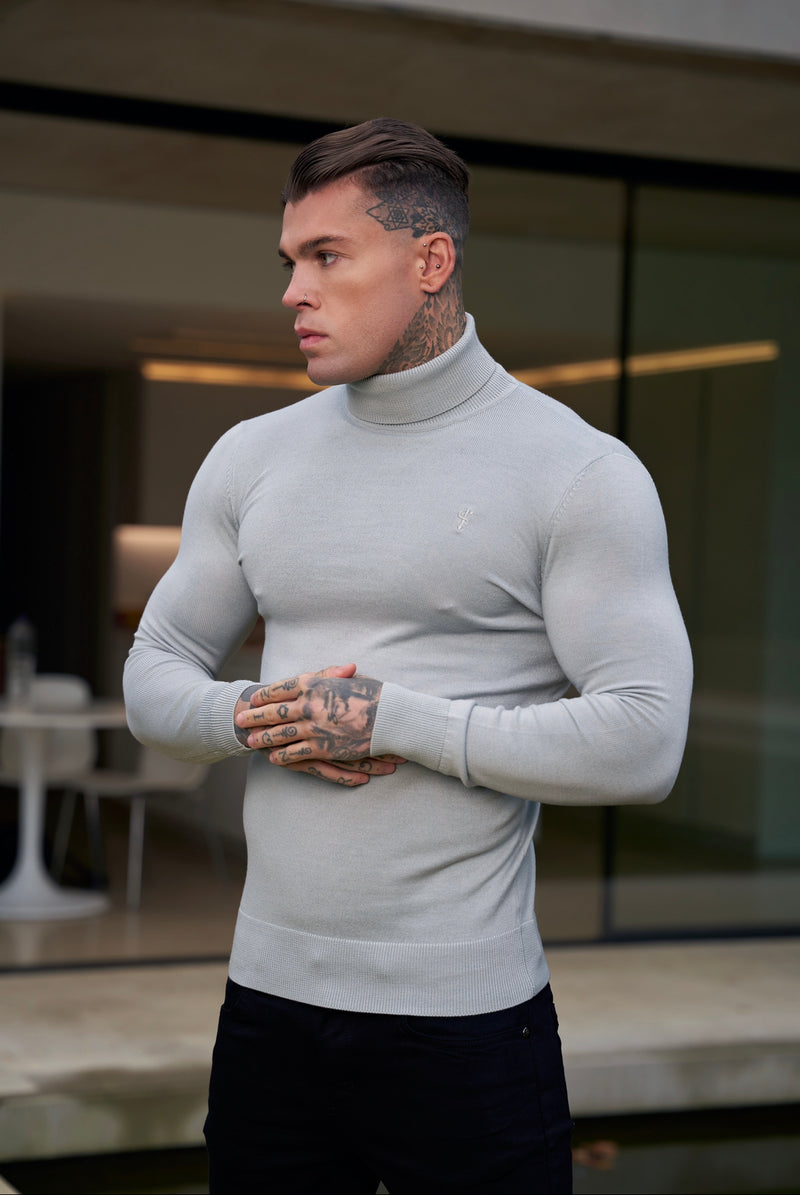 Father Sons Classic Grey Roll Neck Merino Wool Knitted Sweater With FS Embroidery - FSN013