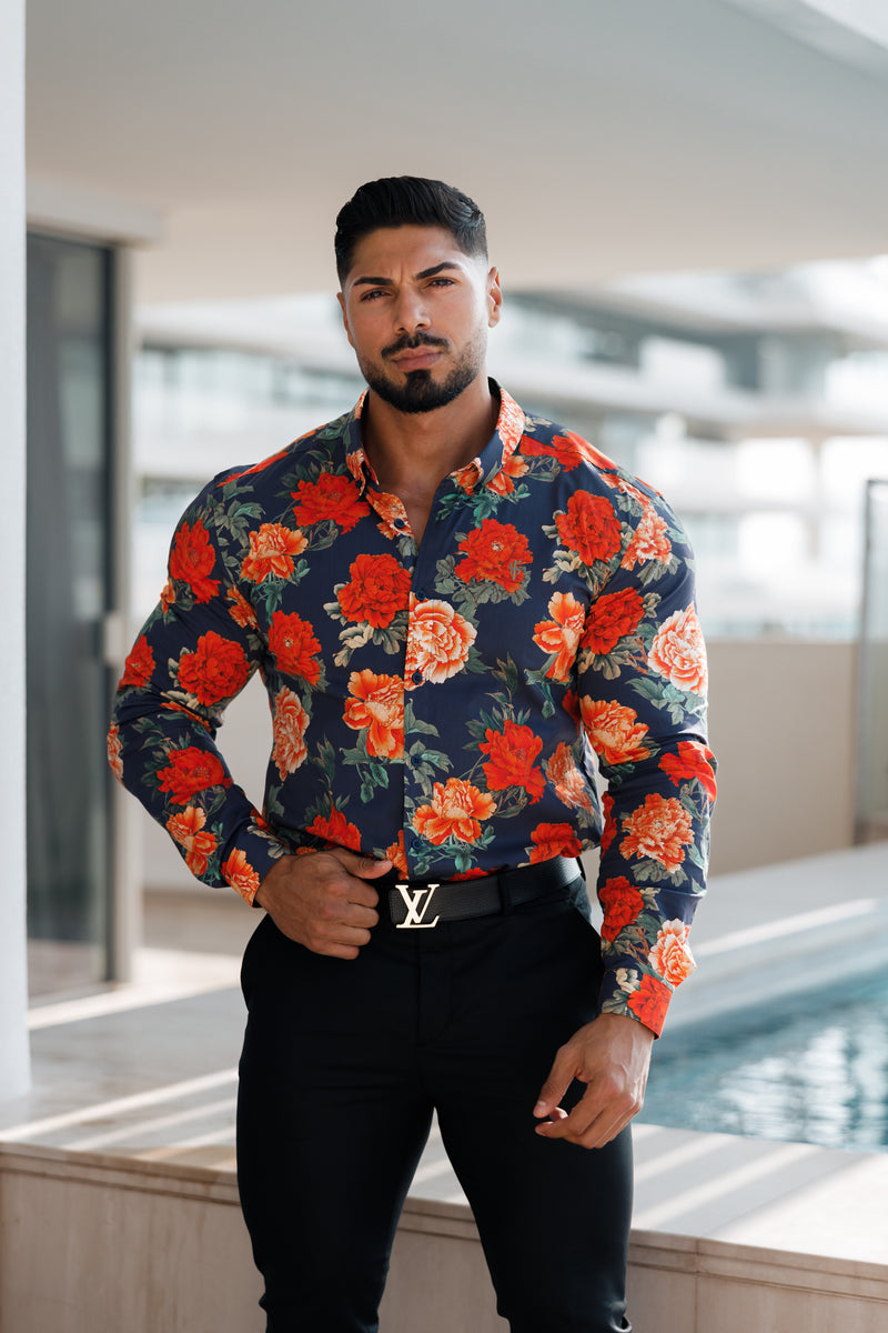 Father Sons Super Slim Stretch Navy and Red Floral Print Long Sleeve with Button Down Collar - FS840