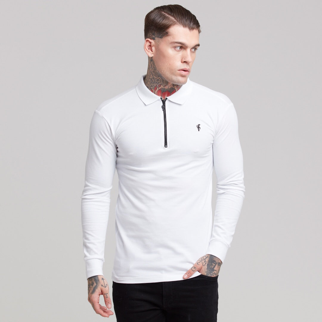 Classic White Zipped Long Sleeve Polo Shirt - FSH300