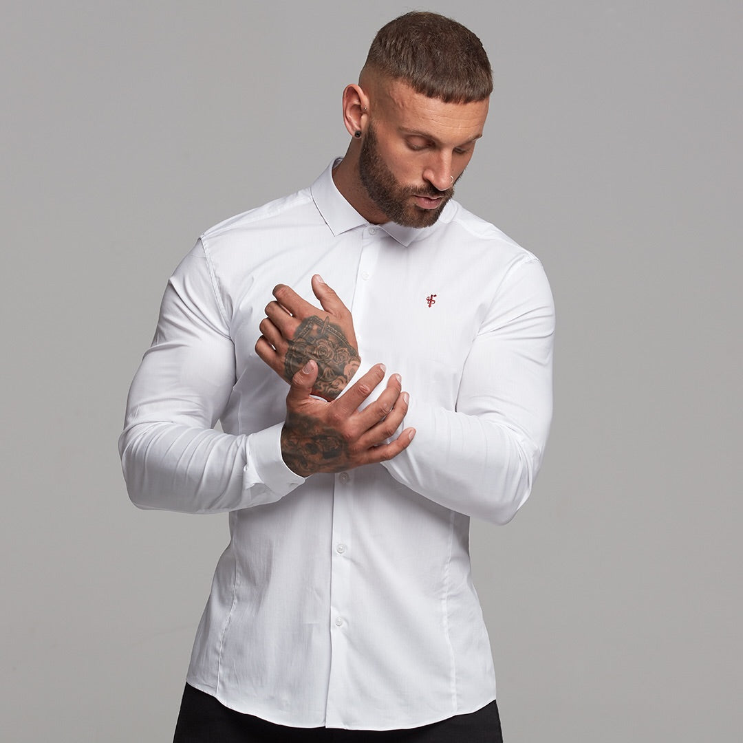 Super Slim Stretch Classic White Panel Shirt (Burgundy embroidery) - FS316 (LAST CHANCE)