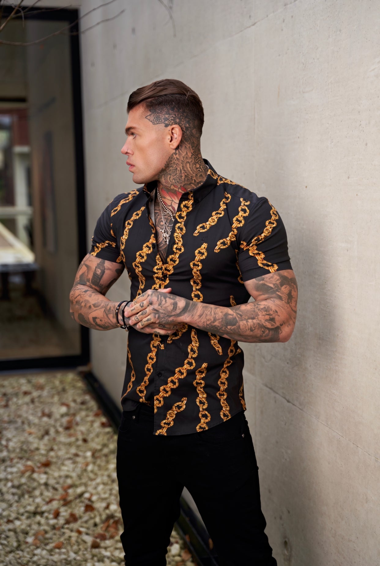 Super Slim Stretch Black / Gold Chain Print Short Sleeve with Button Down Collar - FS857