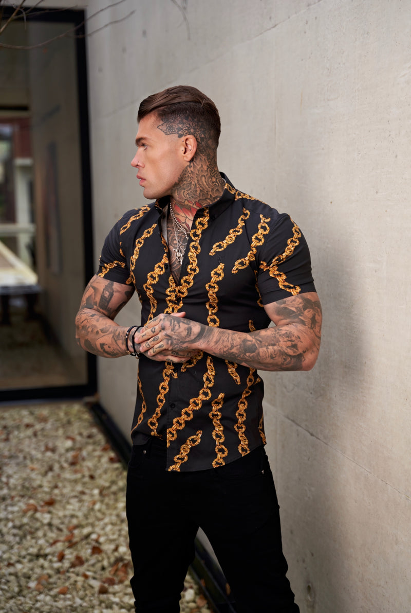 Father Sons Super Slim Stretch Black / Gold Chain Print Short Sleeve with Button Down Collar - FS857