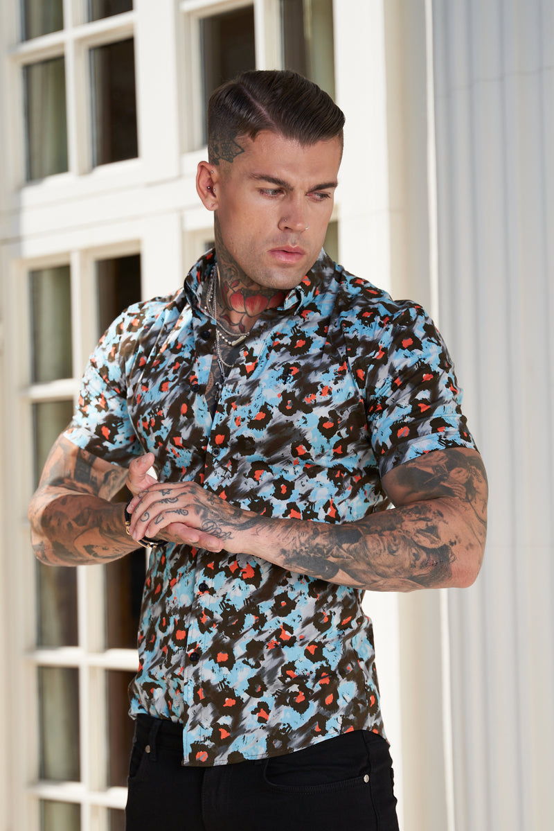 Father Sons Super Slim Stretch Multi Colour Abstract Leopard Print Short Sleeve with Button Down Collar - FS790