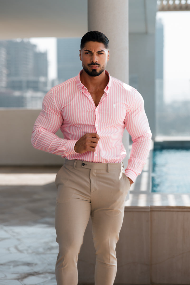 Father Sons Super Slim Stretch White / Pink Stripe Print Long Sleeve with Button Down Collar - FS888