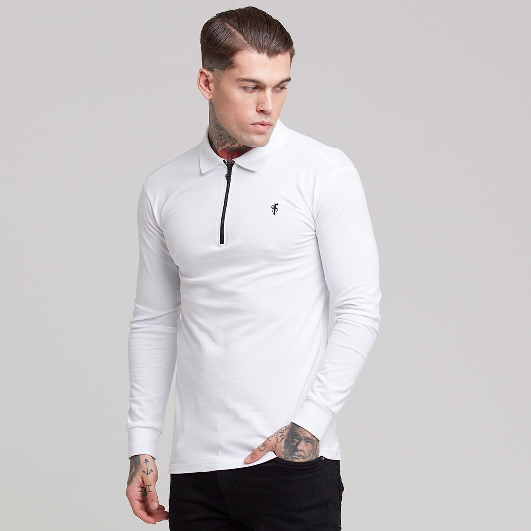 Classic White Zipped Long Sleeve Polo Shirt - FSH300