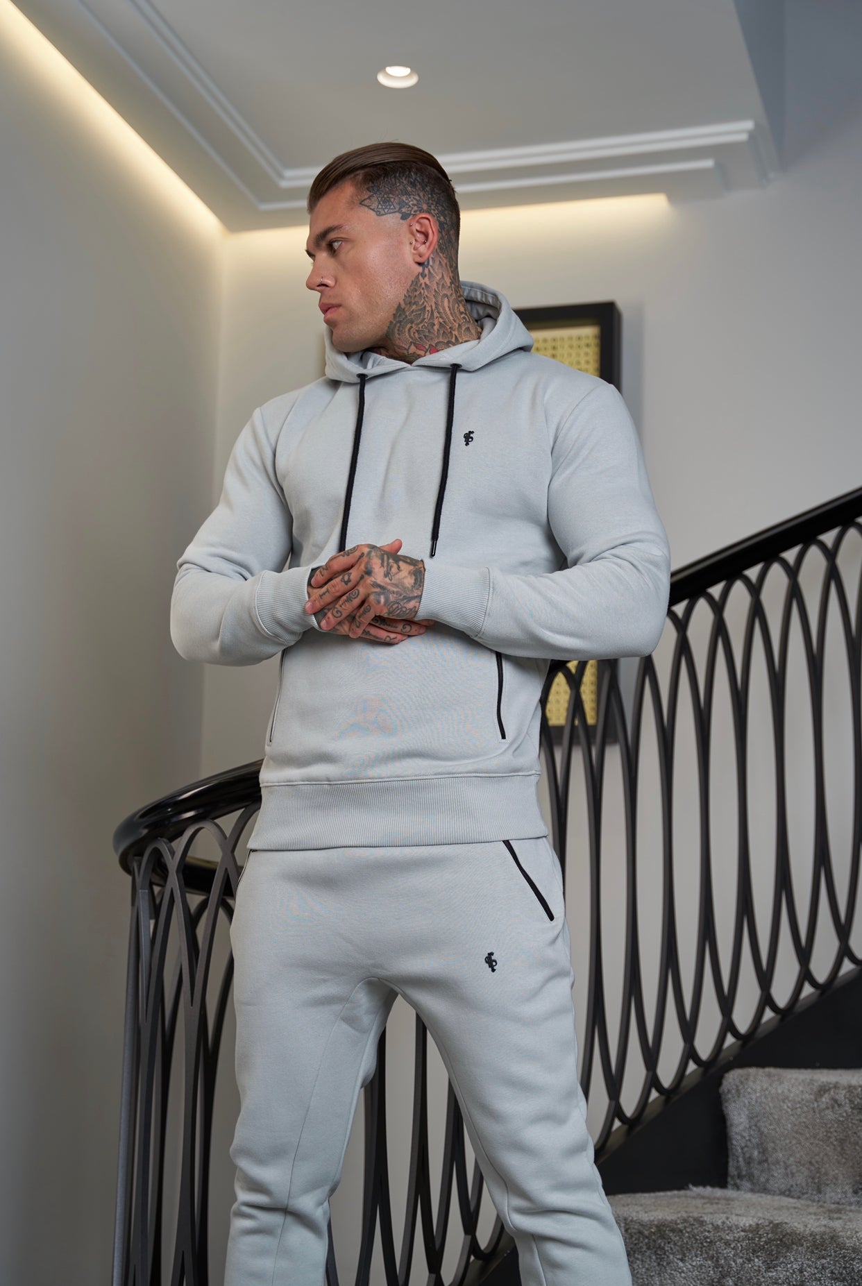 Stone Grey / Black Overhead Hoodie Top with Zipped Pockets - FSH717