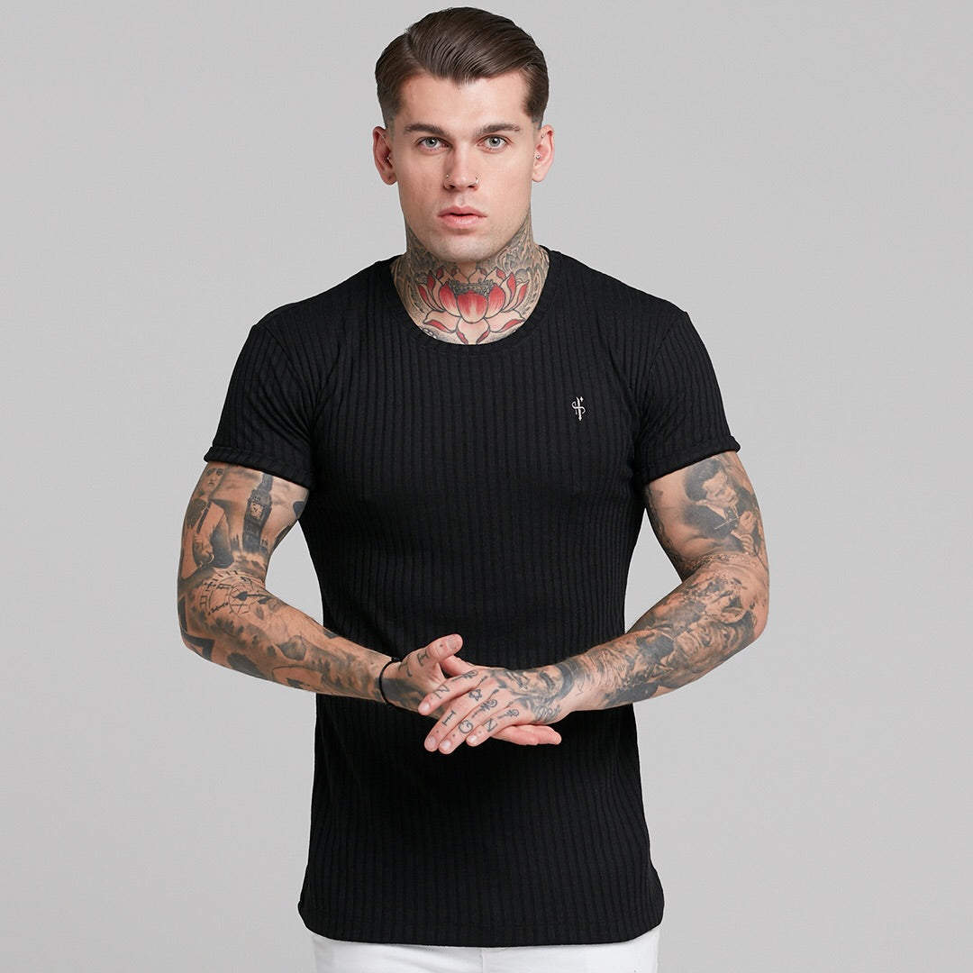 Classic Black Ribbed Knit Super Slim Short Sleeve Crew - FSH241