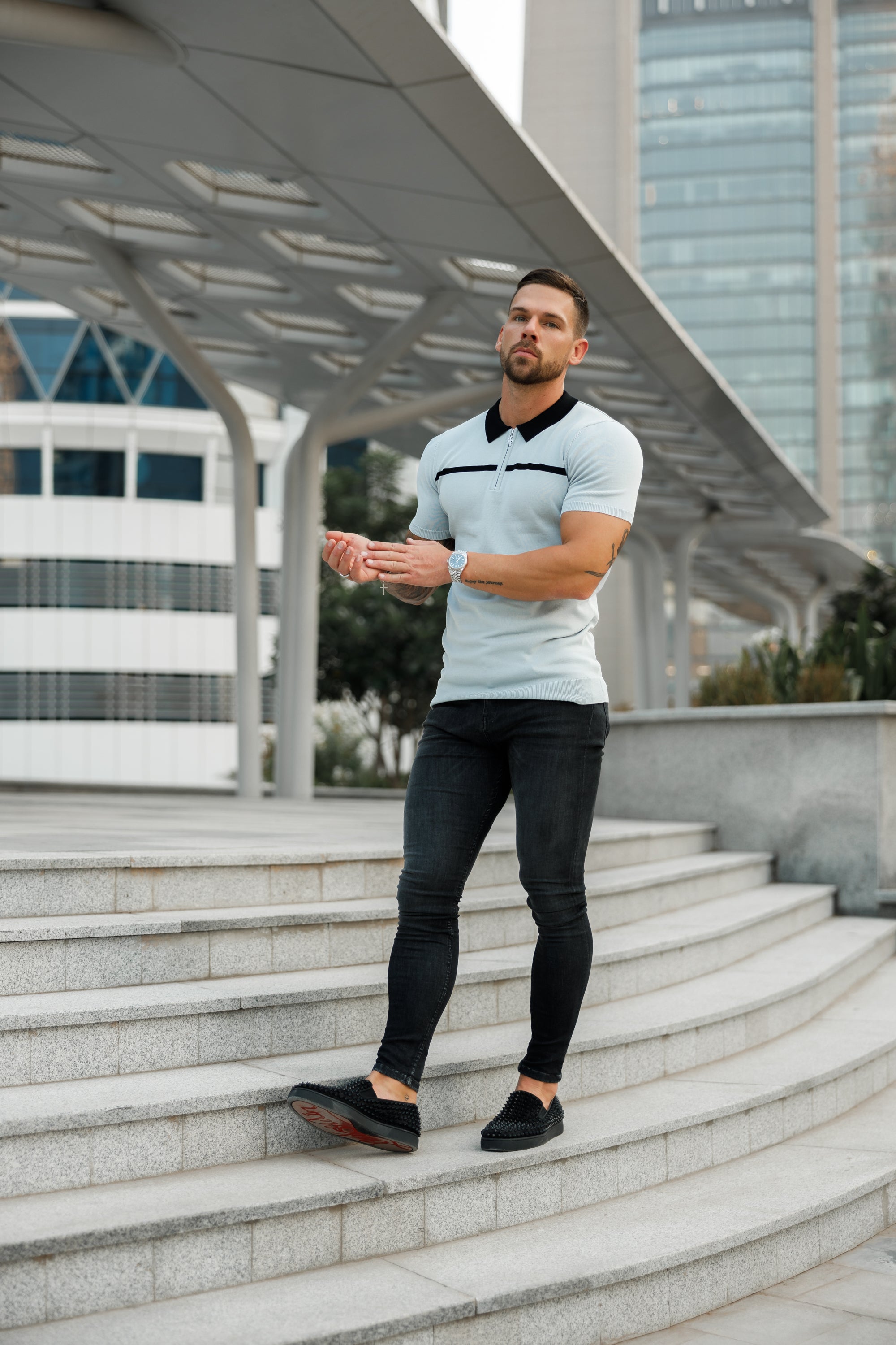 Classic Silver Grey / Black Horizontal Stripe Zipped Polo Short Sleeve - FSN040