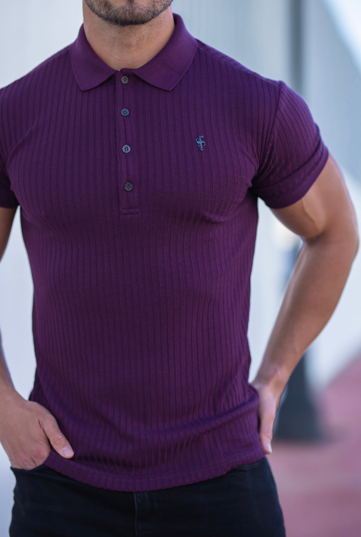 Classic Plum Ribbed Polo Shirt Short Sleeve with Black Metal Emblem Decal & Buttons- FSH585