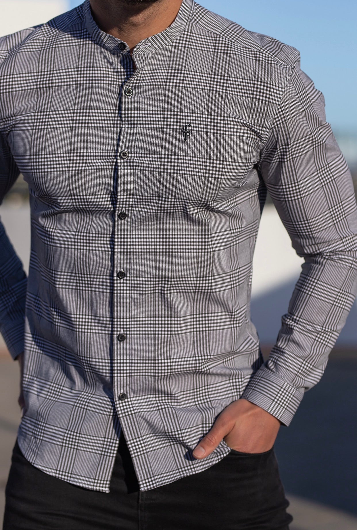 Super Slim Stretch Prince Of Wales White and Black Print Check Long Sleeve with Grandad Collar- FS746