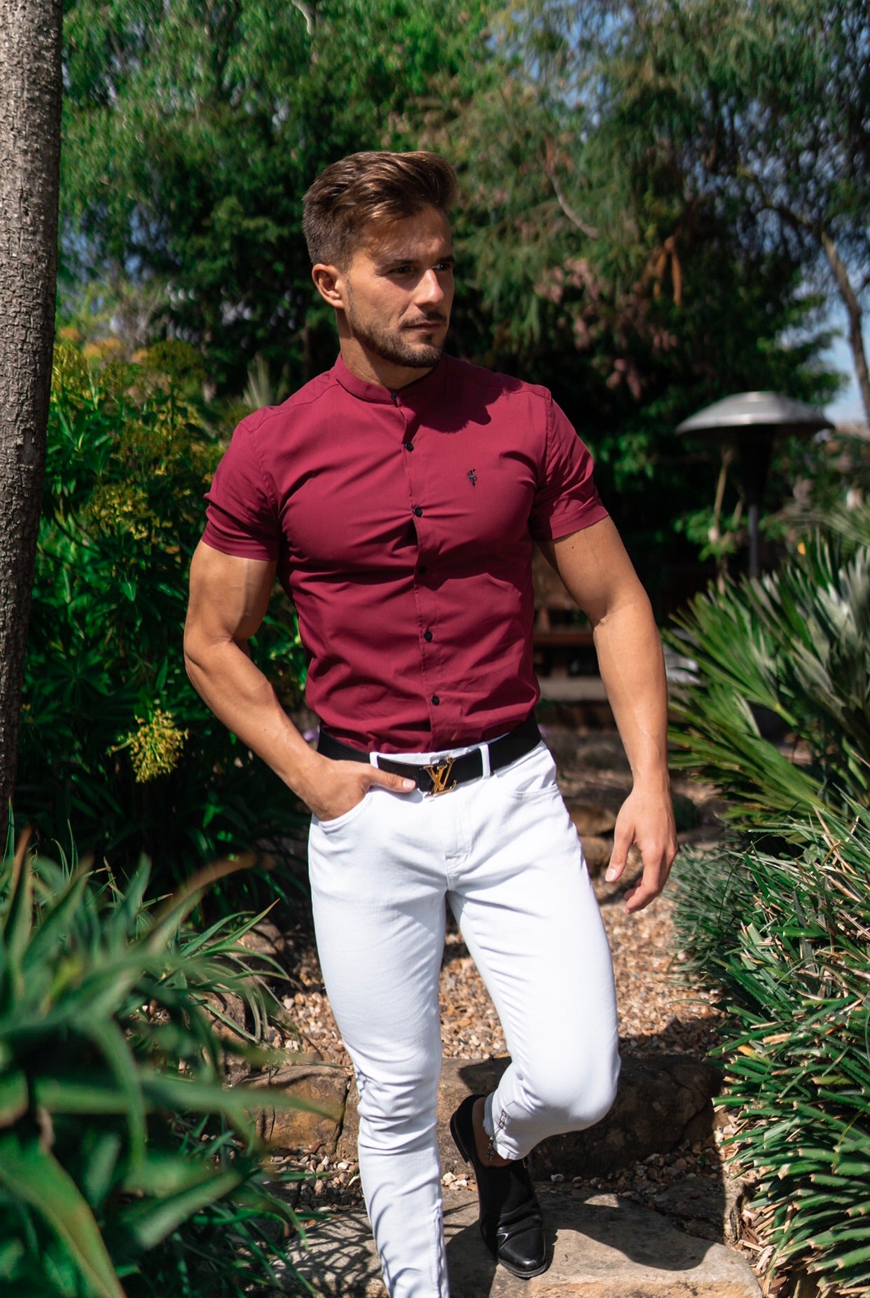Super Slim Stretch Classic Oxblood Grandad Collar Short Sleeve - FS292
