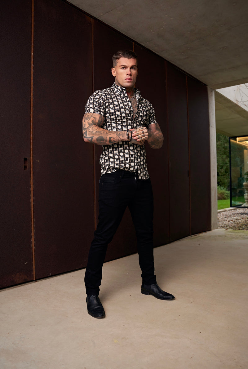 Father Sons Super Slim Stretch Black / Cream / Taupe Link Print Short Sleeve with Button Down Collar - FS849