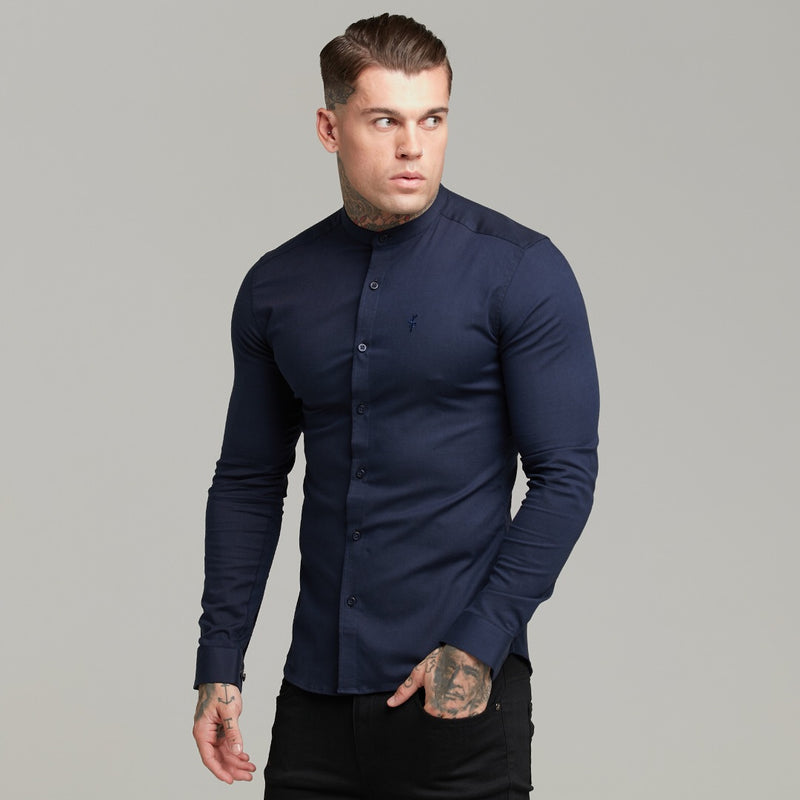 Father Sons Super Slim Stretch Grandad Collar Classic Navy Oxford  Long Sleeve - FS583