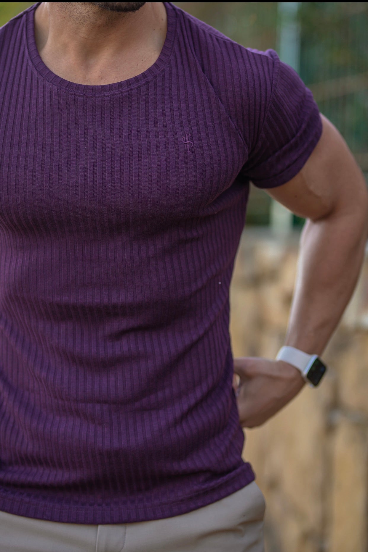 Classic Plum Ribbed Knit Super Slim Short Sleeve Crew - FSH616