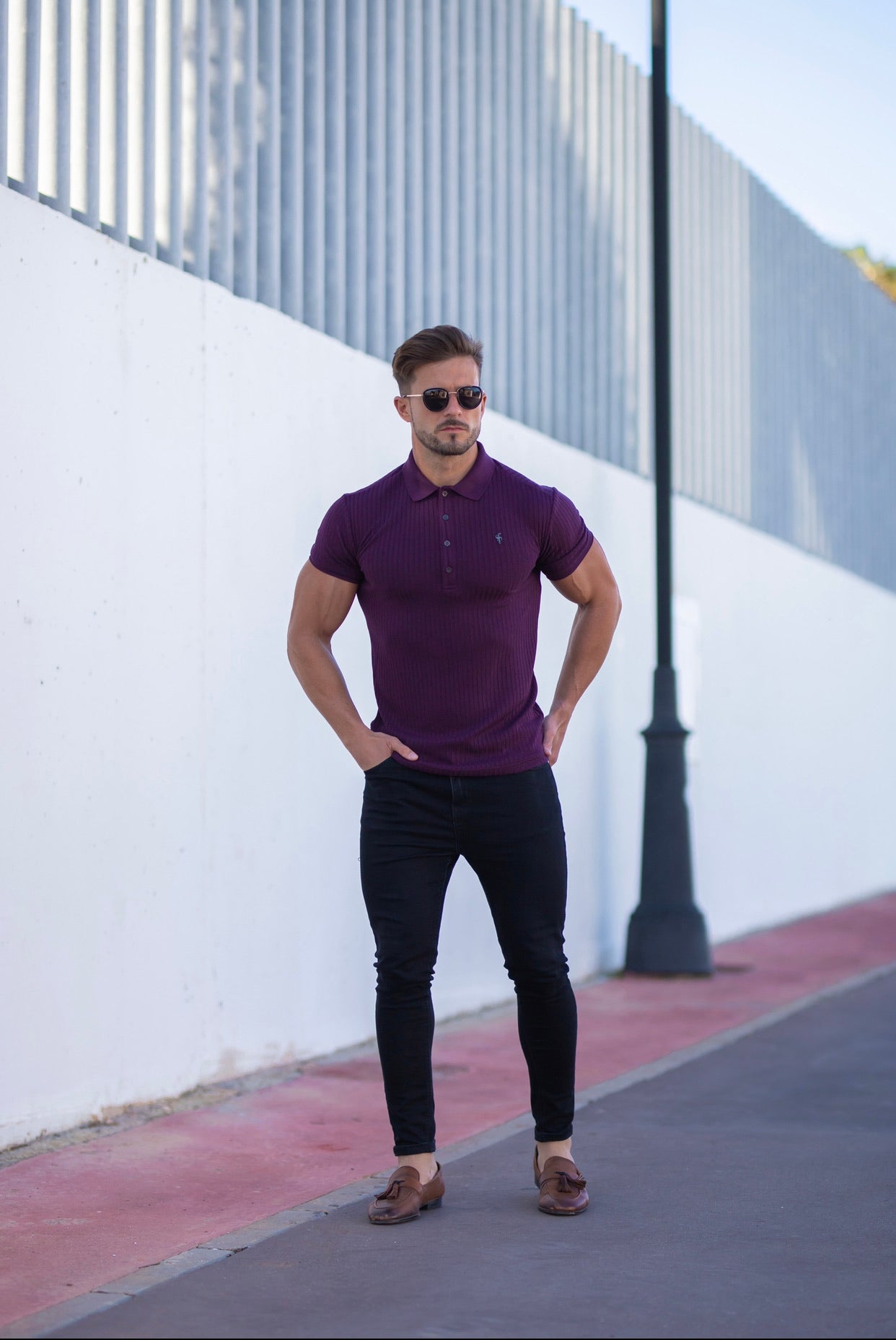Classic Plum Ribbed Polo Shirt Short Sleeve with Black Metal Emblem Decal & Buttons- FSH585