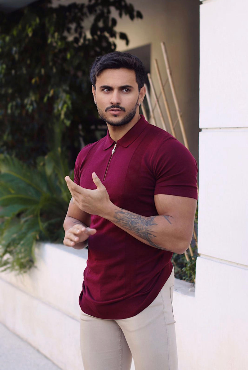 Father Sons Classic Fig Burgundy and Gold Zip Knitted Short Sleeve Polo - FSH466