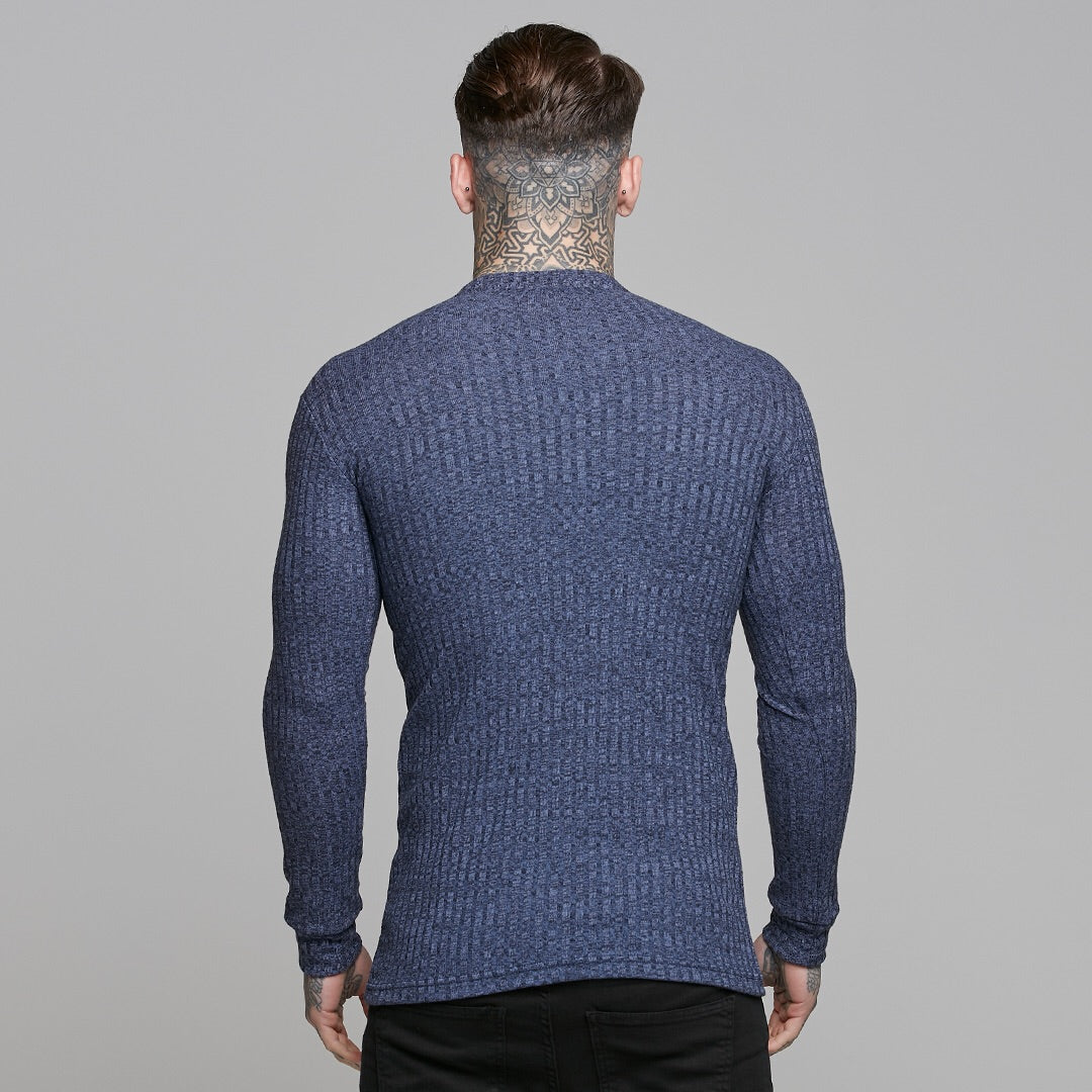 Classic Navy Ribbed Knit Super Slim Crew - FSH114