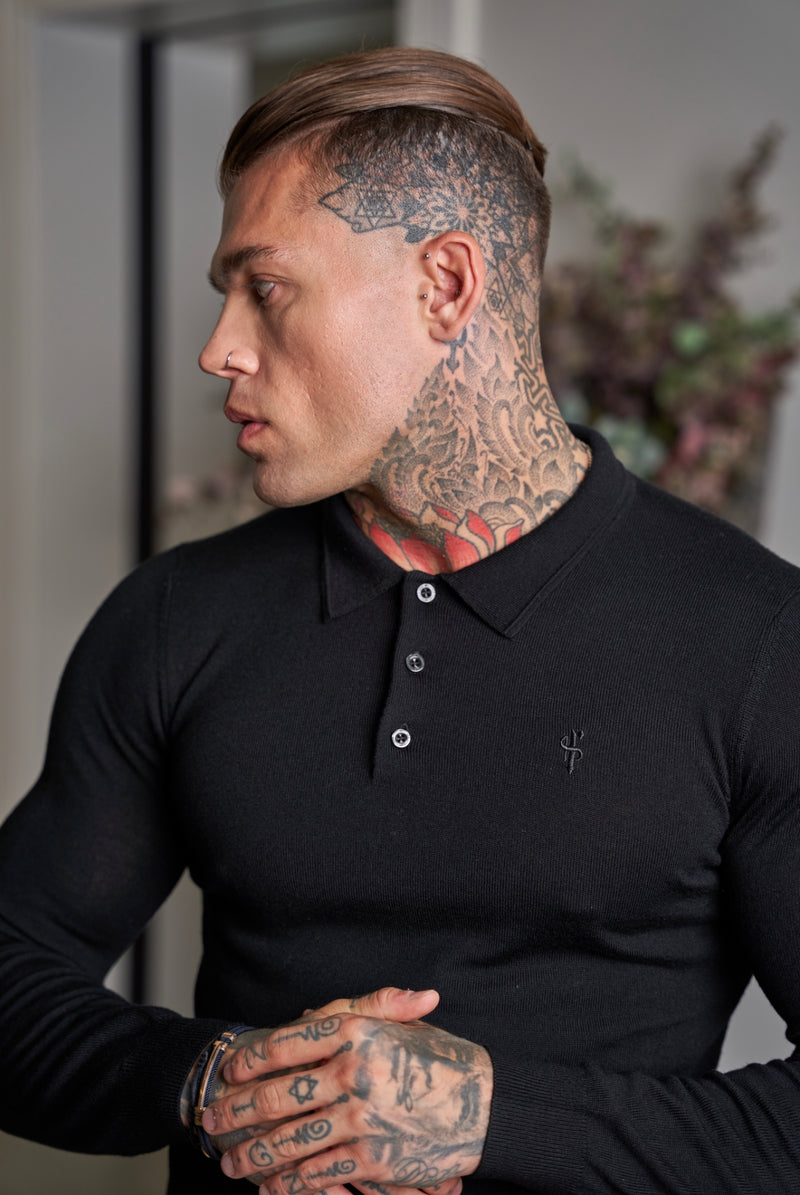 Father Sons Classic Black Merino Wool Knitted Polo Sweater Long Sleeve With FS Embroidery- FSN014