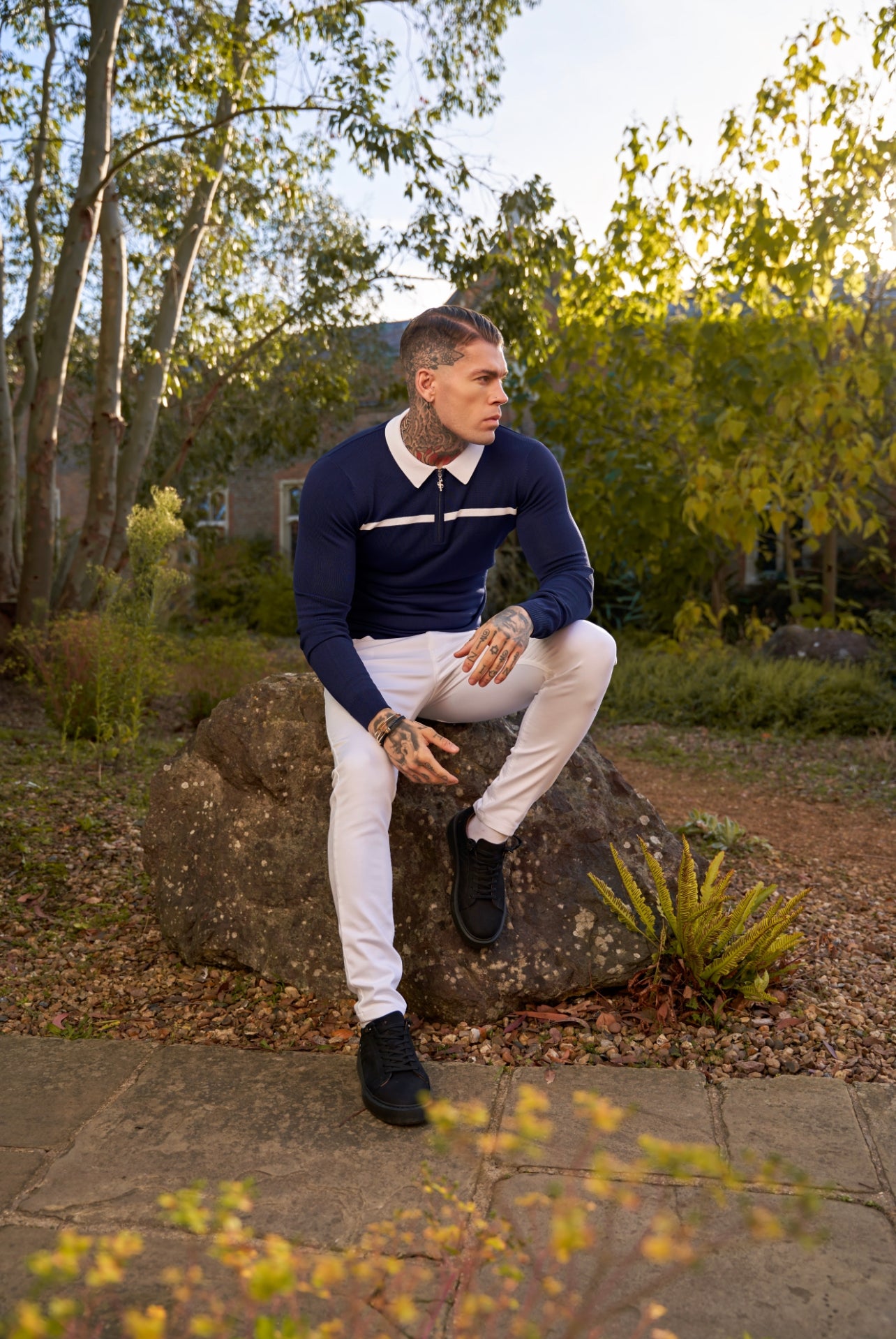 Classic Navy / White Horizontal Stripe Zipped Polo Long Sleeve - FSN048