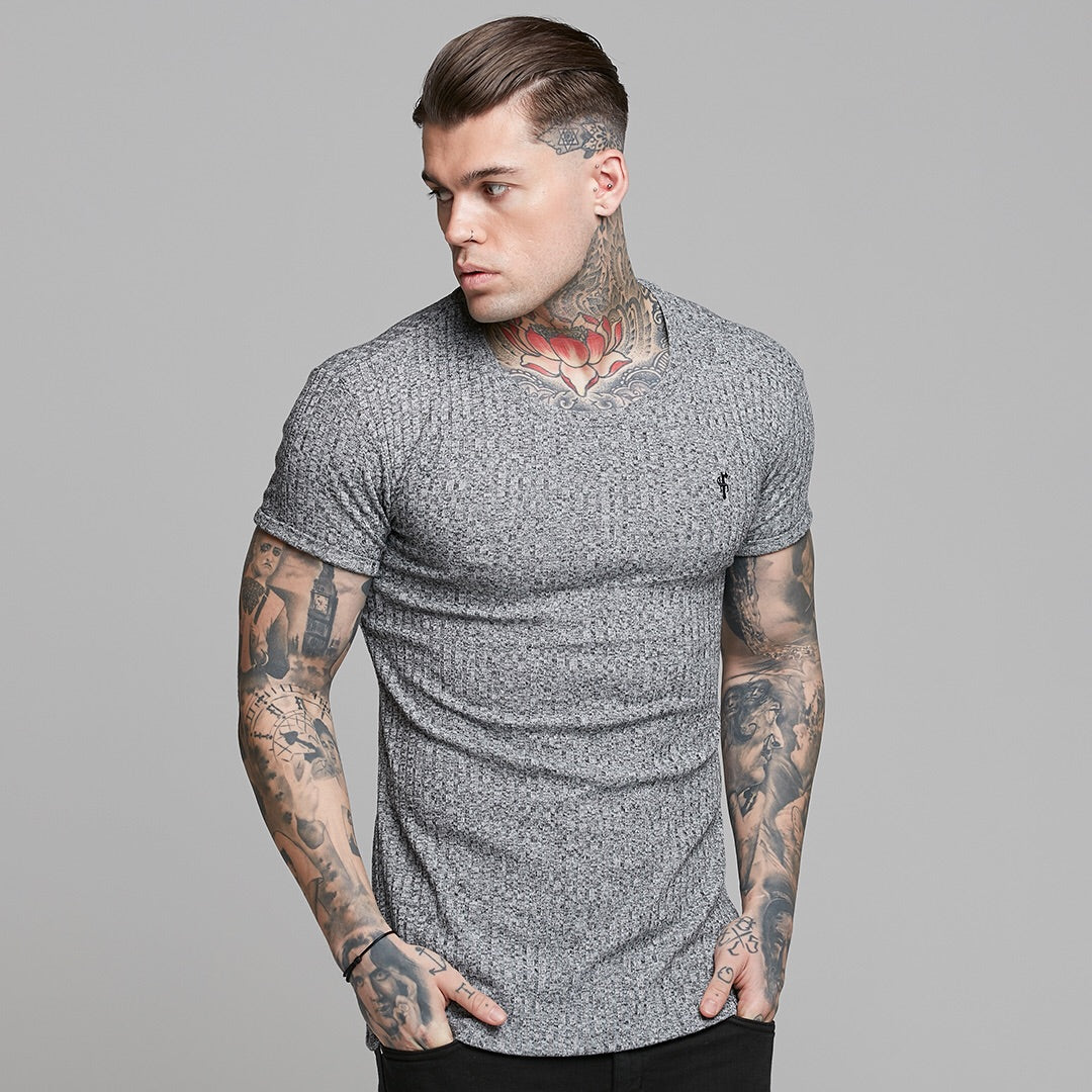 Classic Grey Ribbed Knit Super Slim Long Line Crew- FSH173