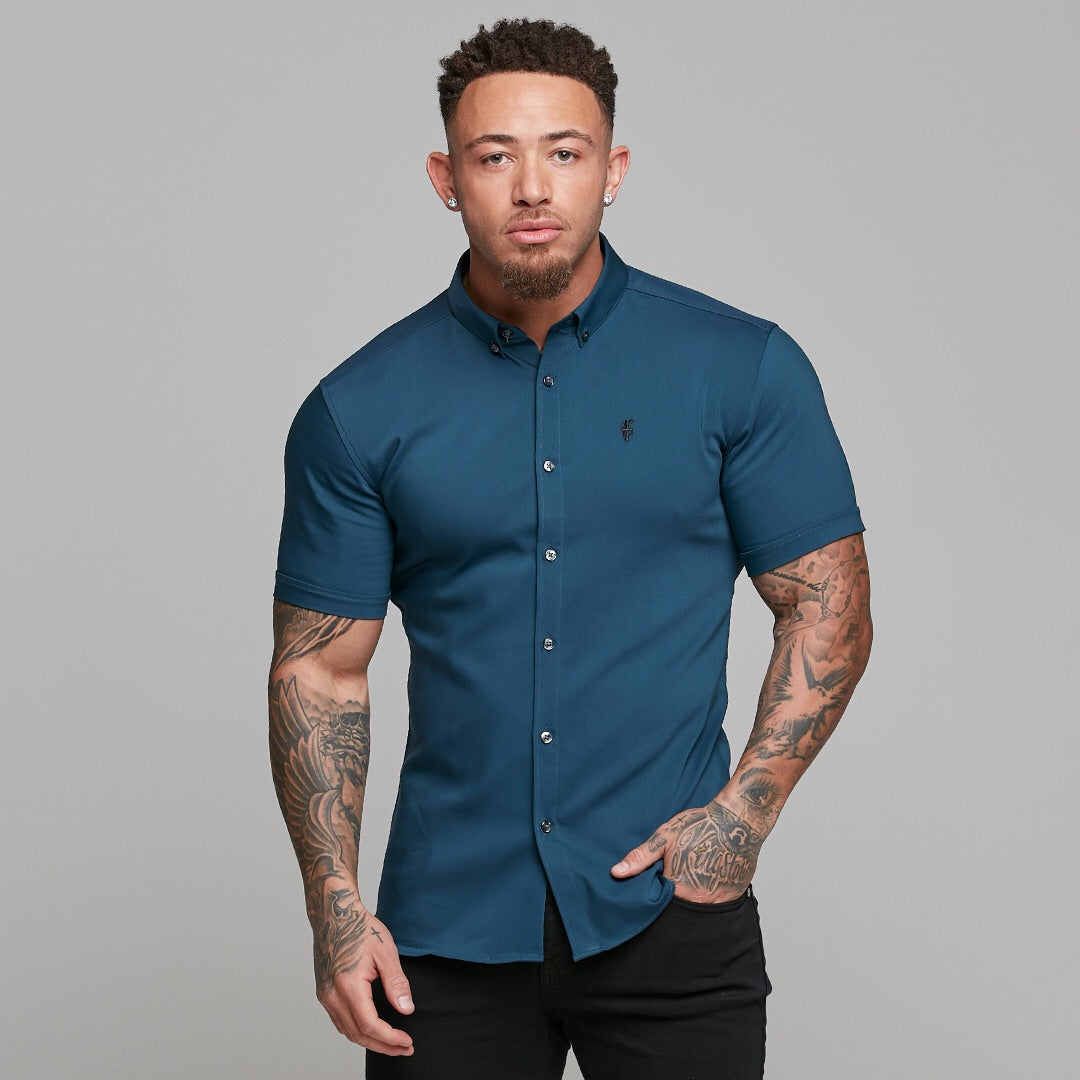 Super Slim Ultra Stretch Classic Teal Short Sleeve (Charcoal Buttons) -  FS485