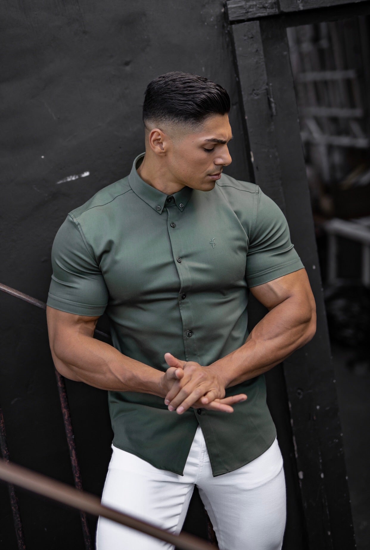 Super Slim Stretch Khaki Denim Short Sleeve - FS203