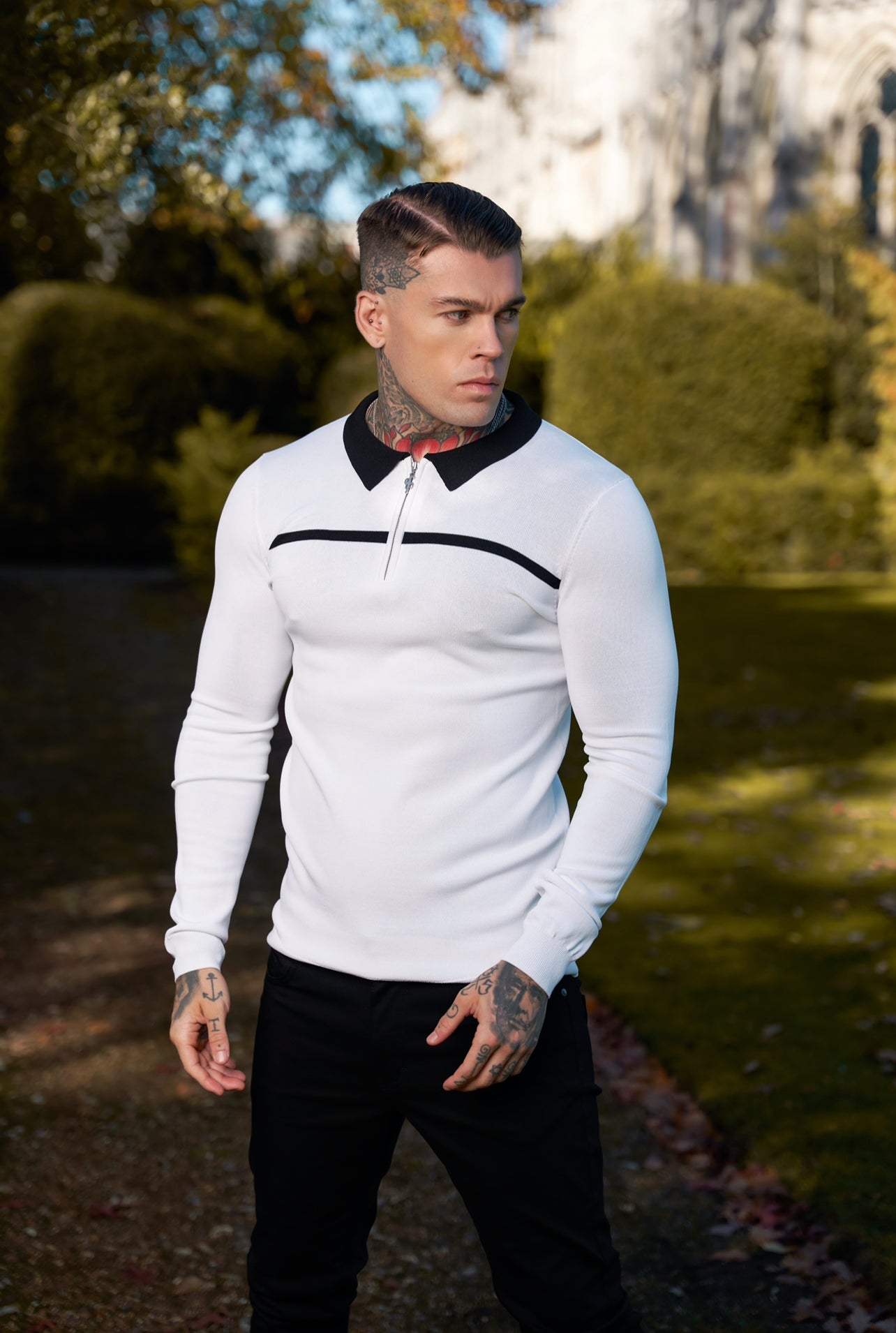 Classic White / Black Horizontal Stripe Zipped Polo Long Sleeve - FSN050