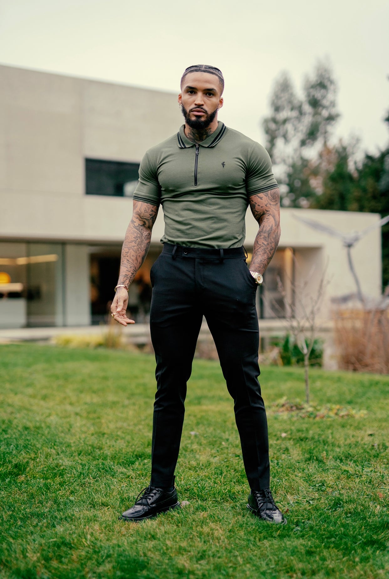 Khaki and Black Collar Contrast Zip Polo - FSH337