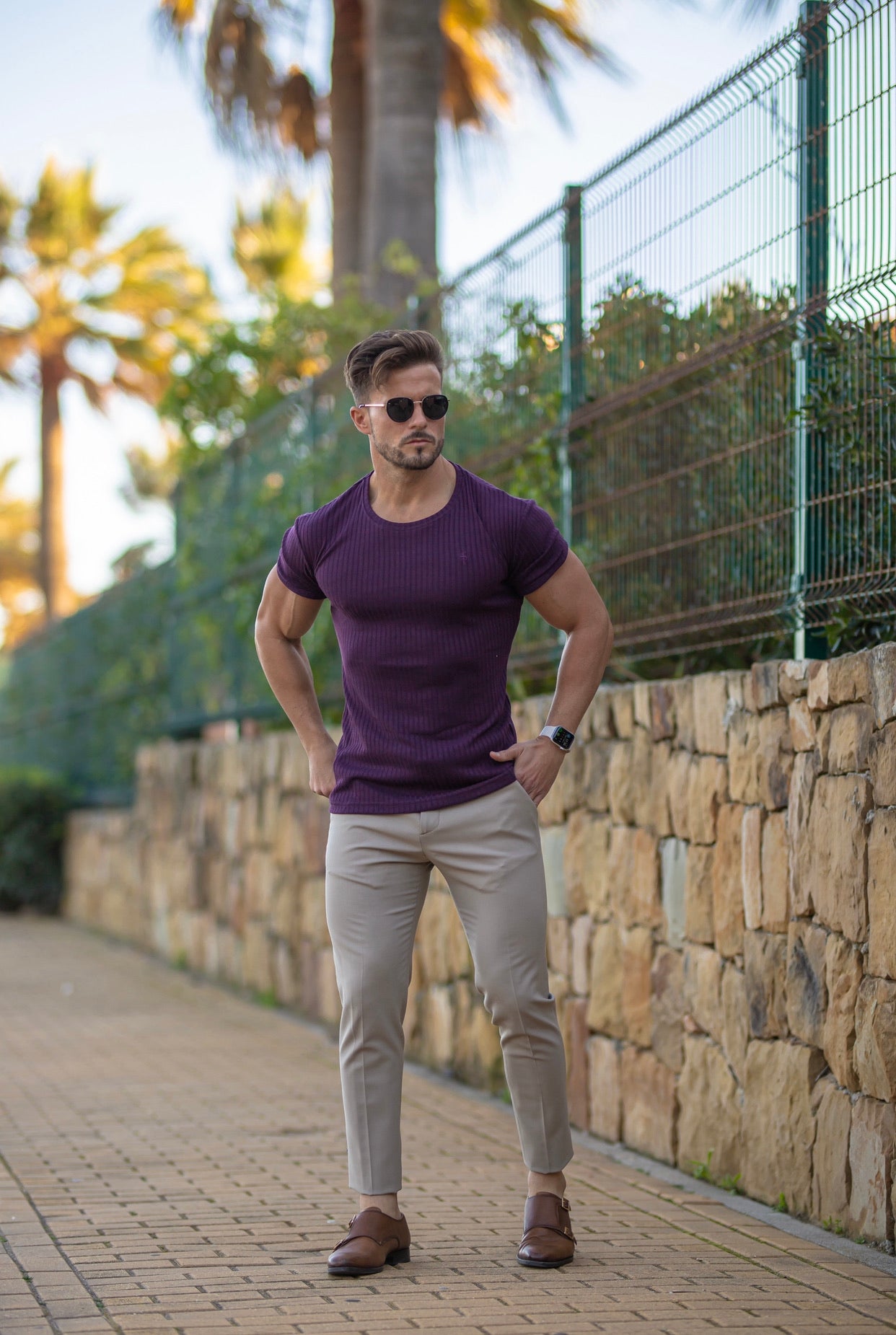 Classic Plum Ribbed Knit Super Slim Short Sleeve Crew - FSH616