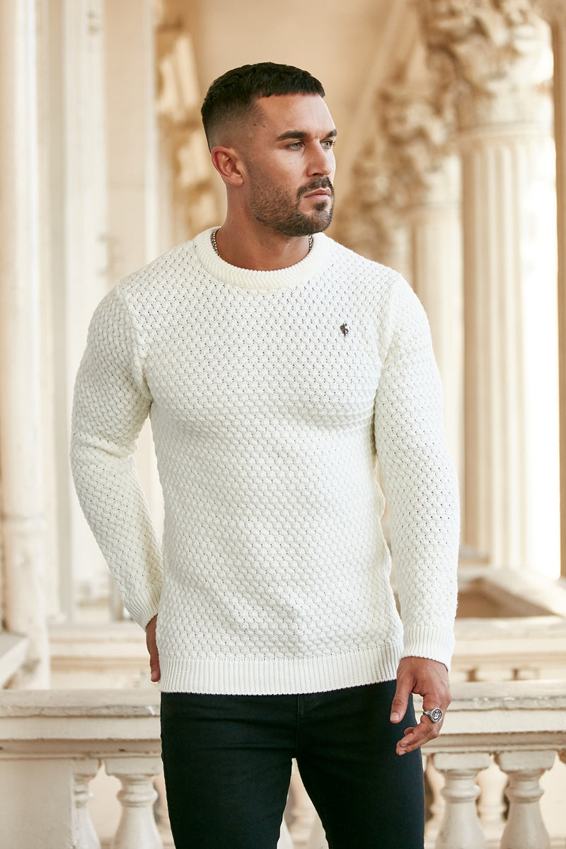 Father Sons Cream Knitted Weave Super Slim Sweater With Metal Decal - FSJ012