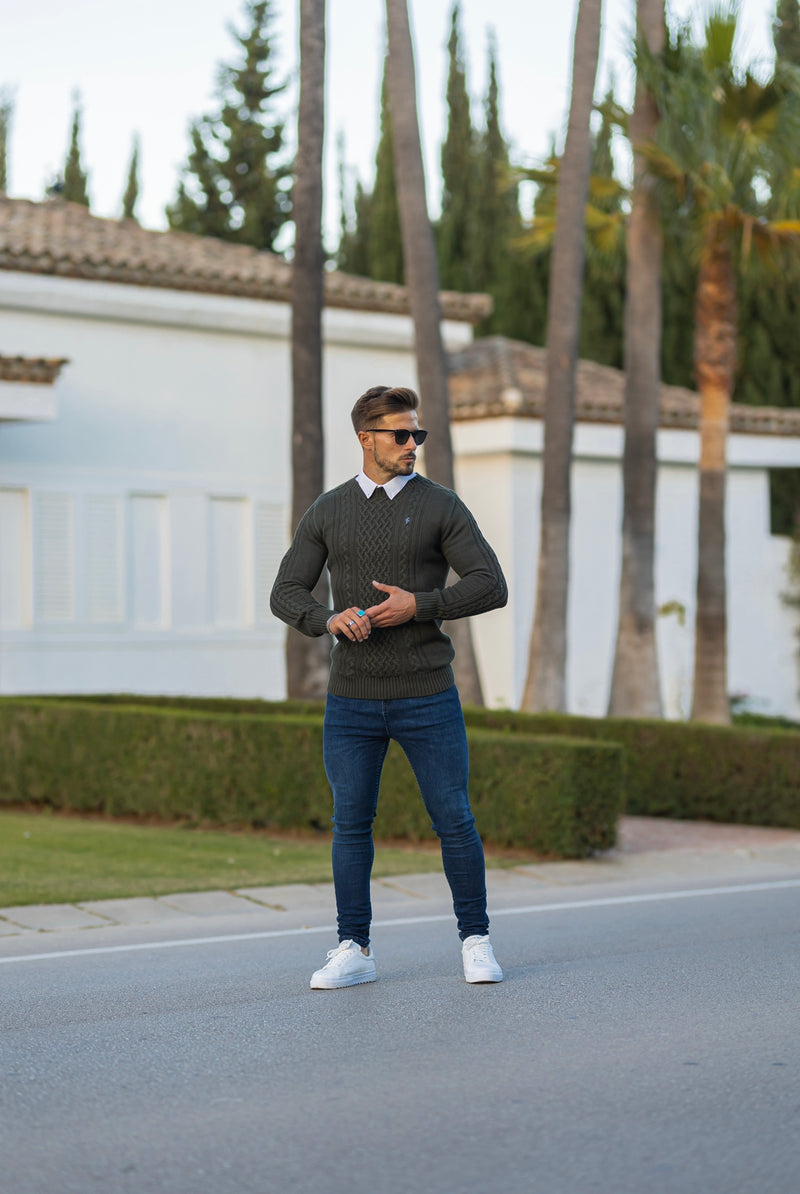 Father Sons Khaki Knitted Cable Saddle Crew Super Slim Sweater With Metal Decal - FSN078