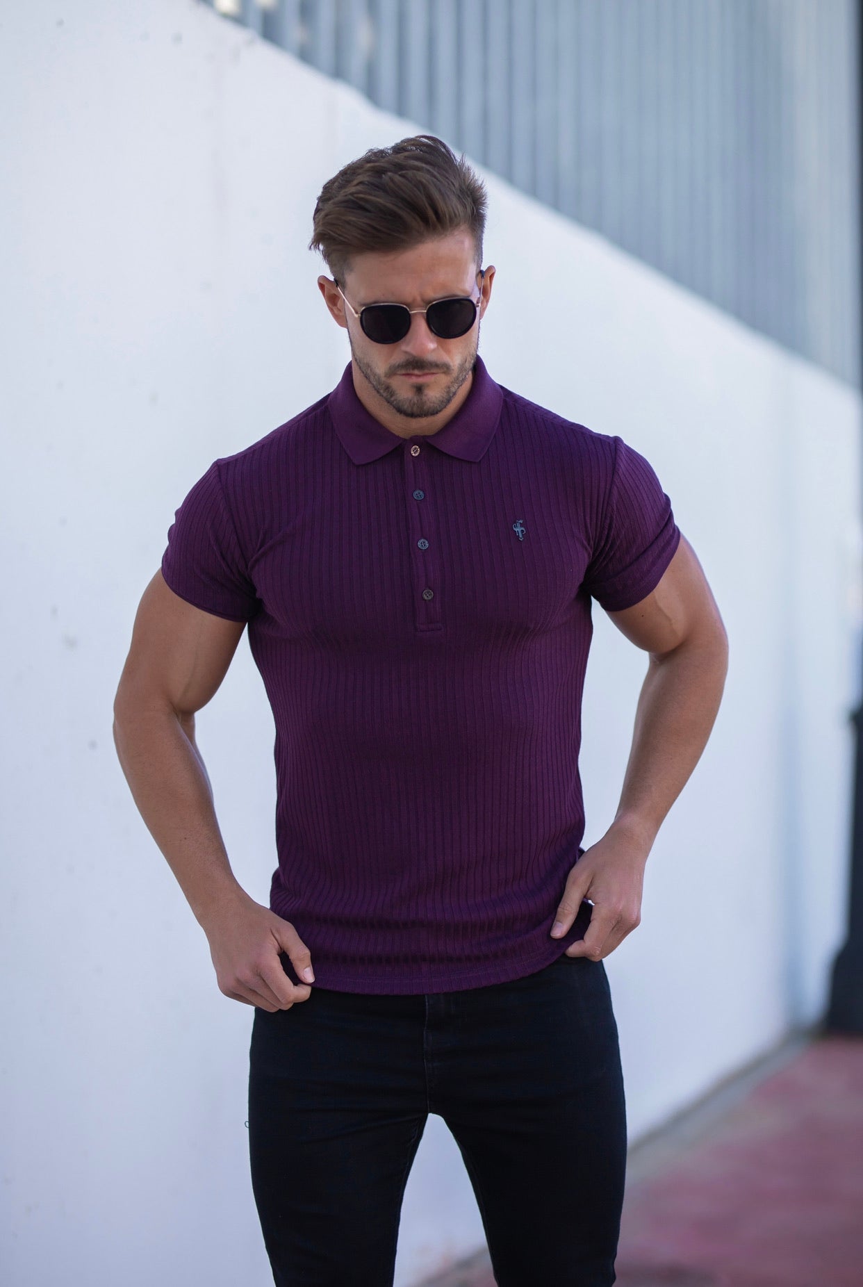 Classic Plum Ribbed Polo Shirt Short Sleeve with Black Metal Emblem Decal & Buttons- FSH585