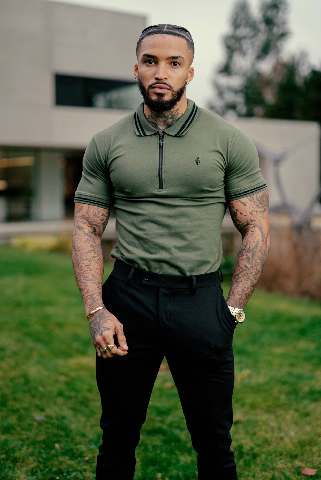 Khaki and Black Collar Contrast Zip Polo - FSH337