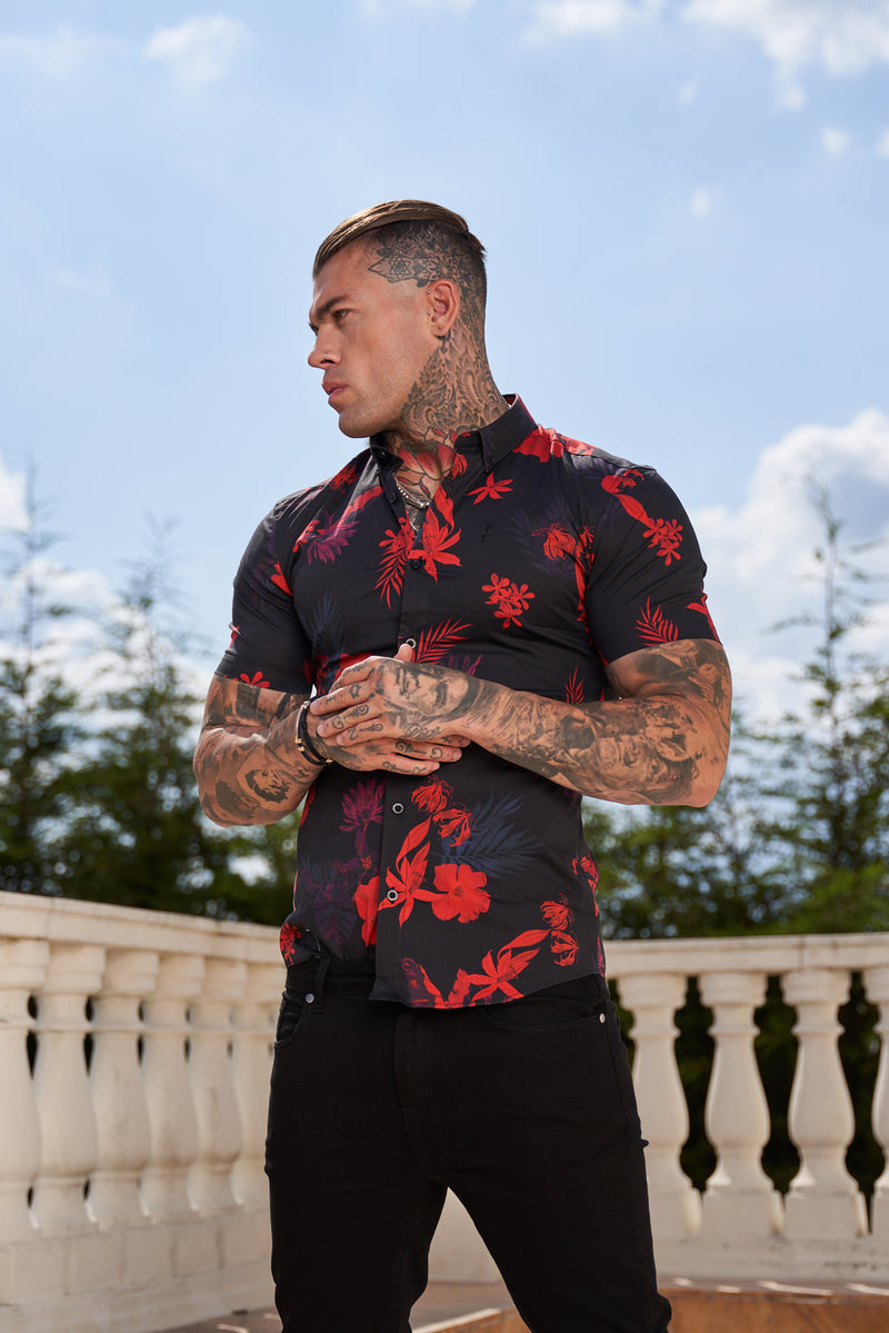 Father Sons Super Slim Stretch Black and Red Floral Print Short Sleeve with Button Down Collar - FS767