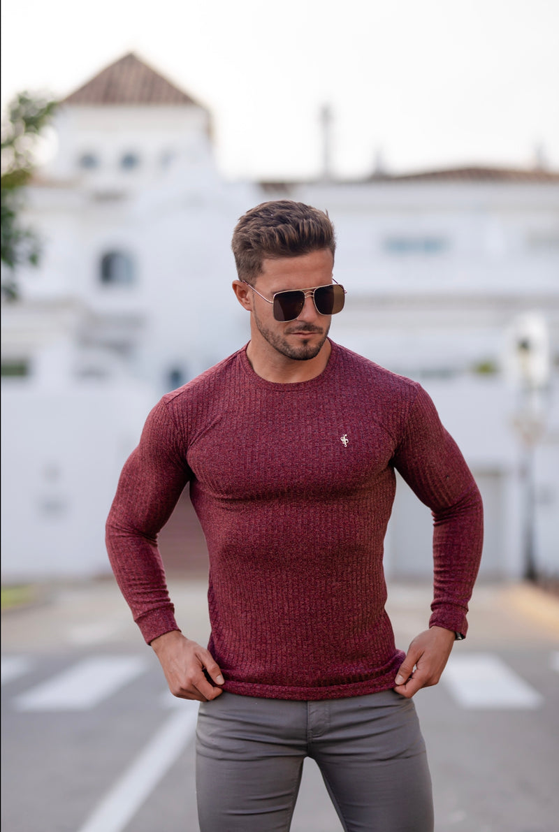 Father Sons Classic Claret Ribbed Knit Sweater With Gold Metal Emblem - FSH538