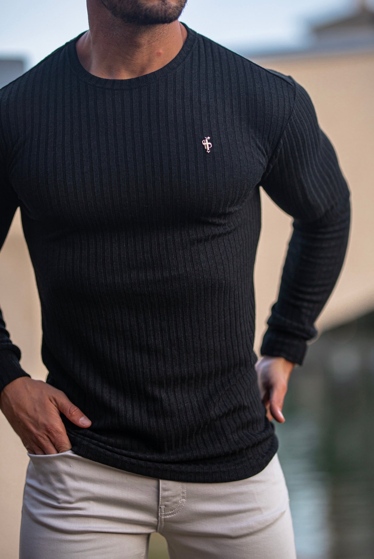 Classic Black Ribbed Knit Super Slim Crew Long Sleeve with Gold Metal Emblem - FSH533