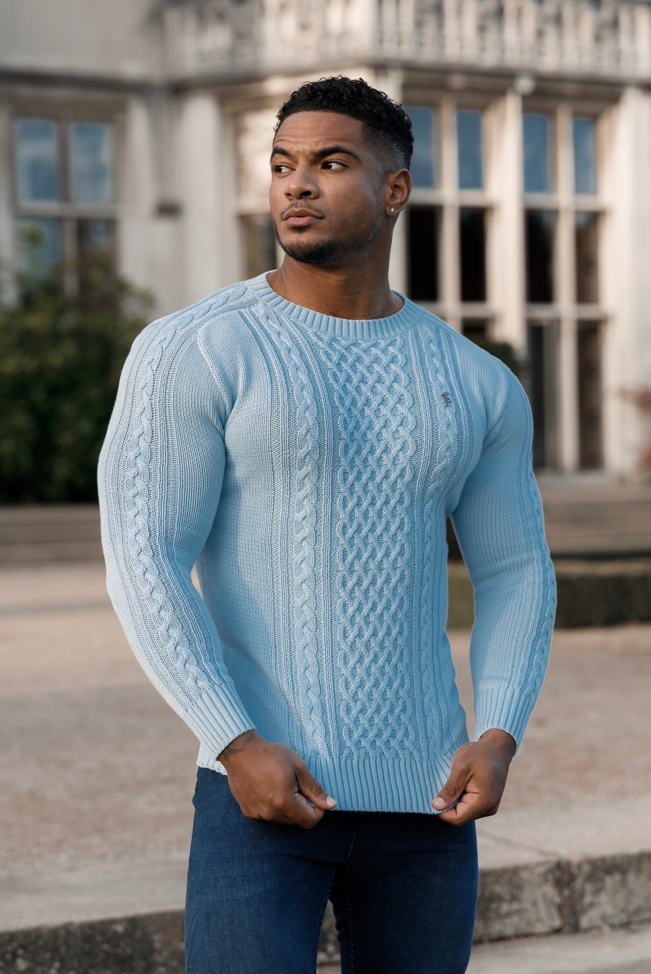 Father Sons Sky Blue Knitted Cable Saddle Crew Super Slim Sweater With Metal Decal - FSN081