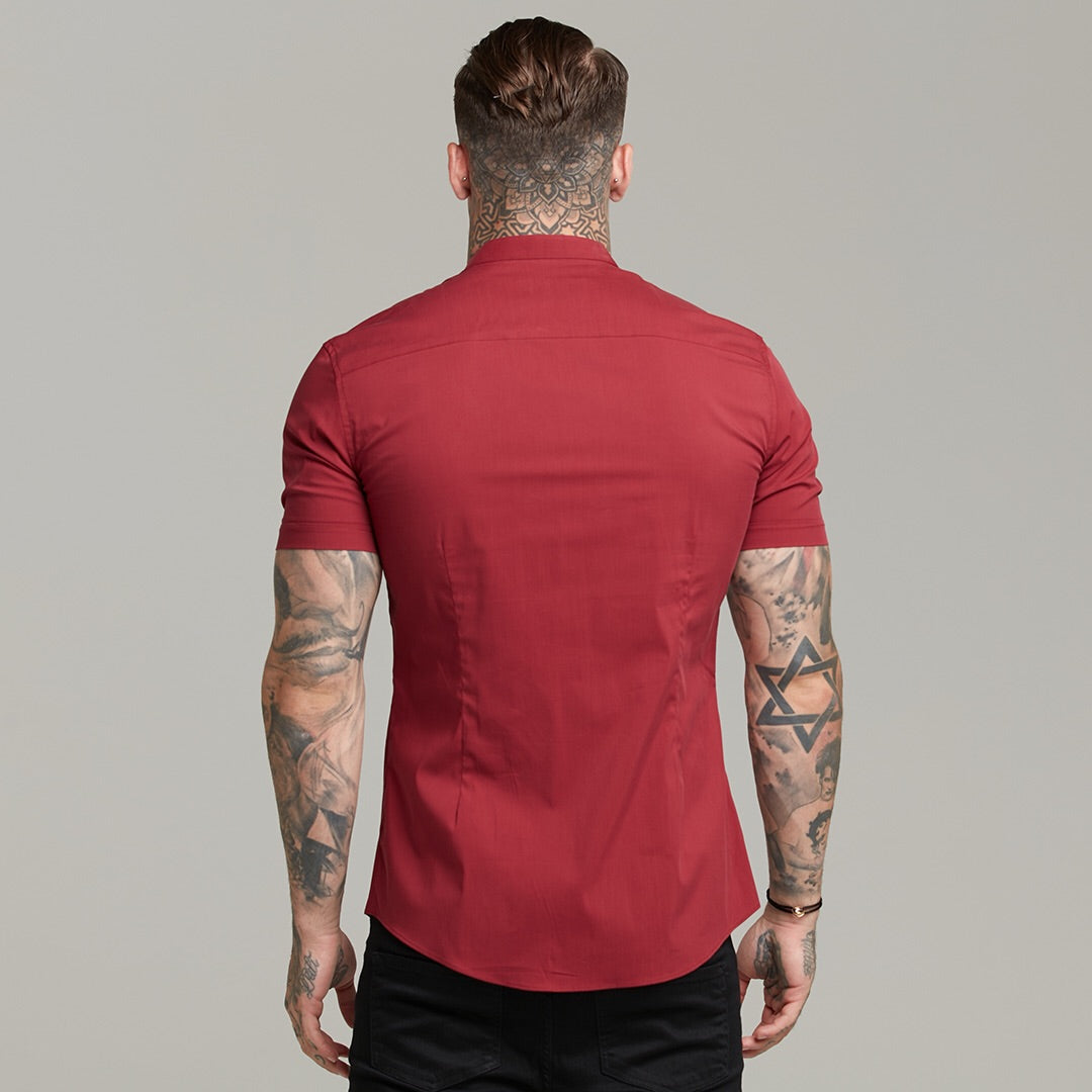 Super Slim Stretch Classic Oxblood Grandad Collar Short Sleeve - FS292
