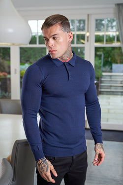 Father Sons Classic Navy Merino Wool Knitted Polo Sweater Long Sleeve With FS Embroidery- FSN015