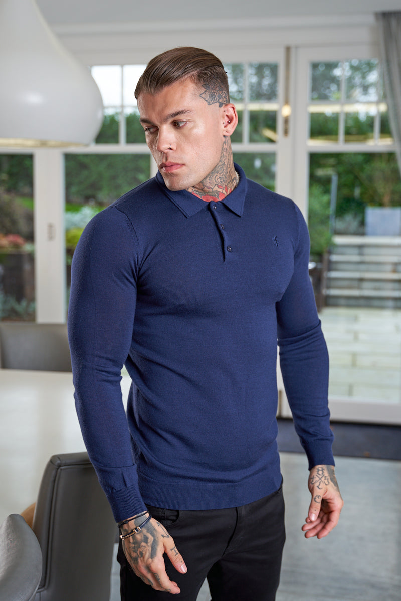 Father Sons Classic Navy Merino Wool Knitted Polo Sweater Long Sleeve With FS Embroidery- FSN015