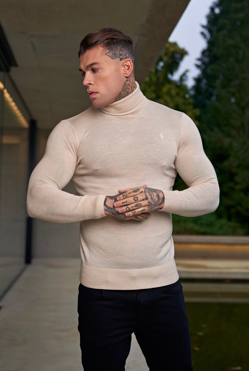 Father Sons Classic Beige Roll Neck Merino Wool Knitted Sweater With FS Embroidery - FSN012