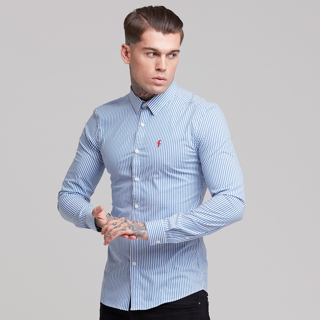 Super Slim Stretch White & Navy Stripe (Red Emblem)  -  FS513