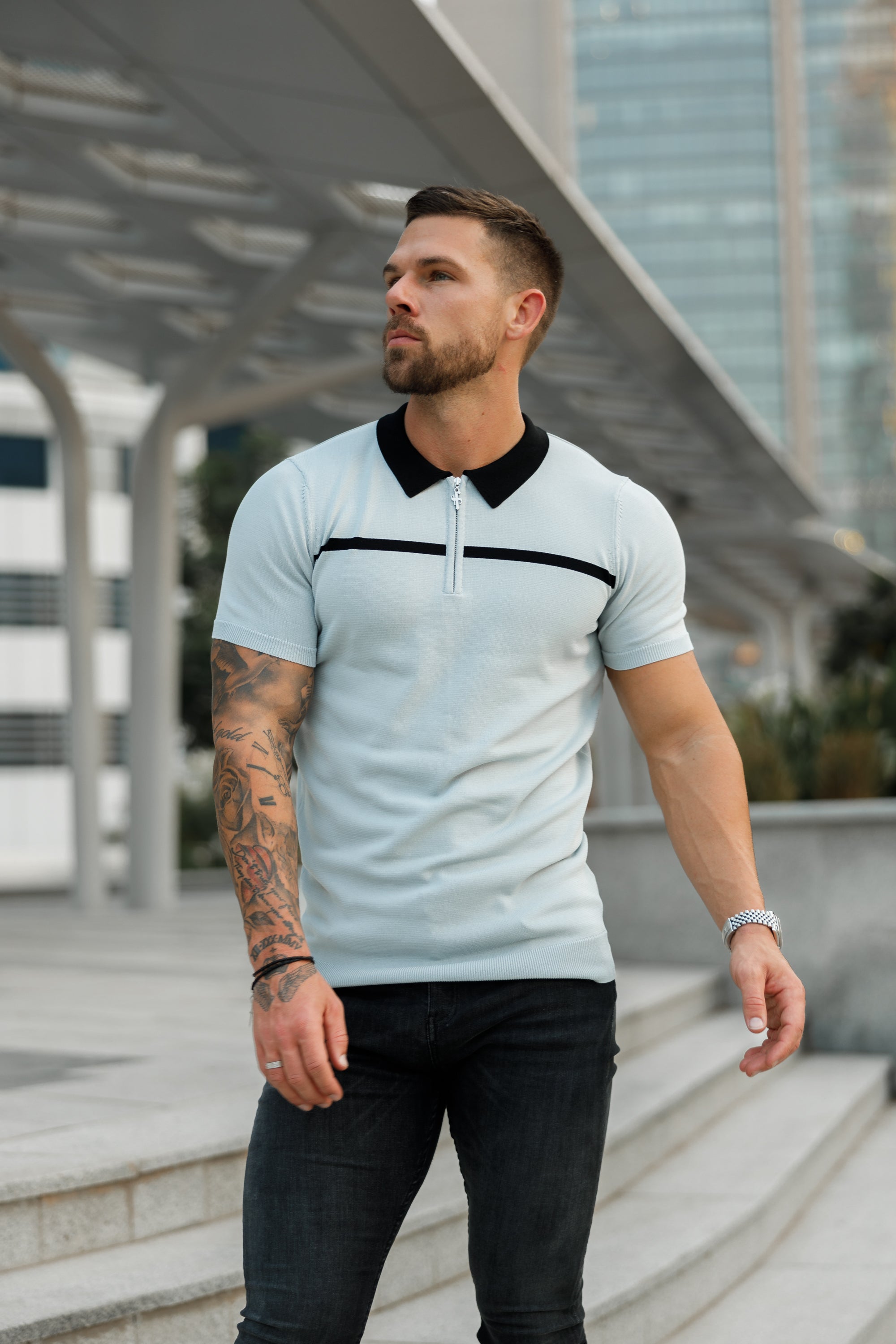 Classic Silver Grey / Black Horizontal Stripe Zipped Polo Short Sleeve - FSN040