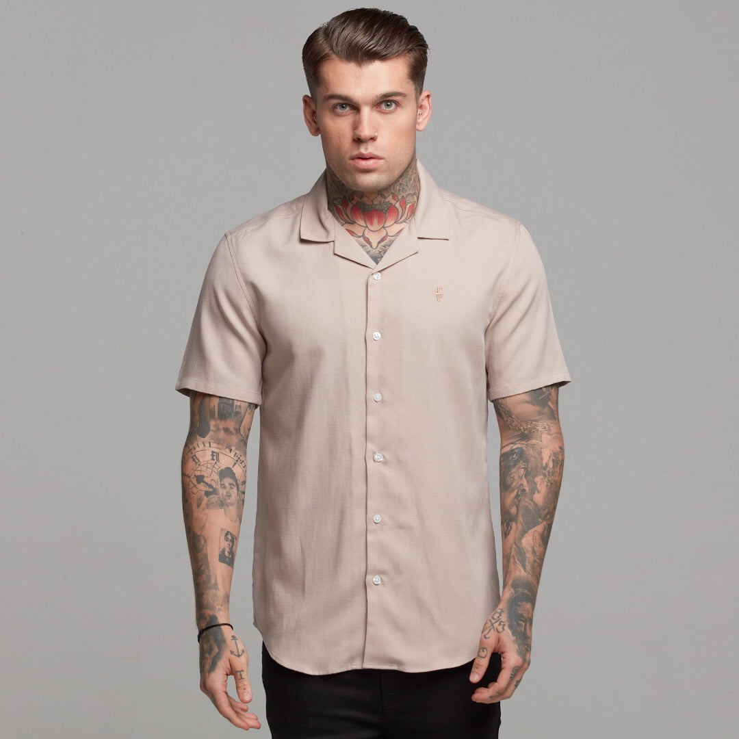 Classic Nude Linen effect Short Sleeve Revere Shirt - FS445