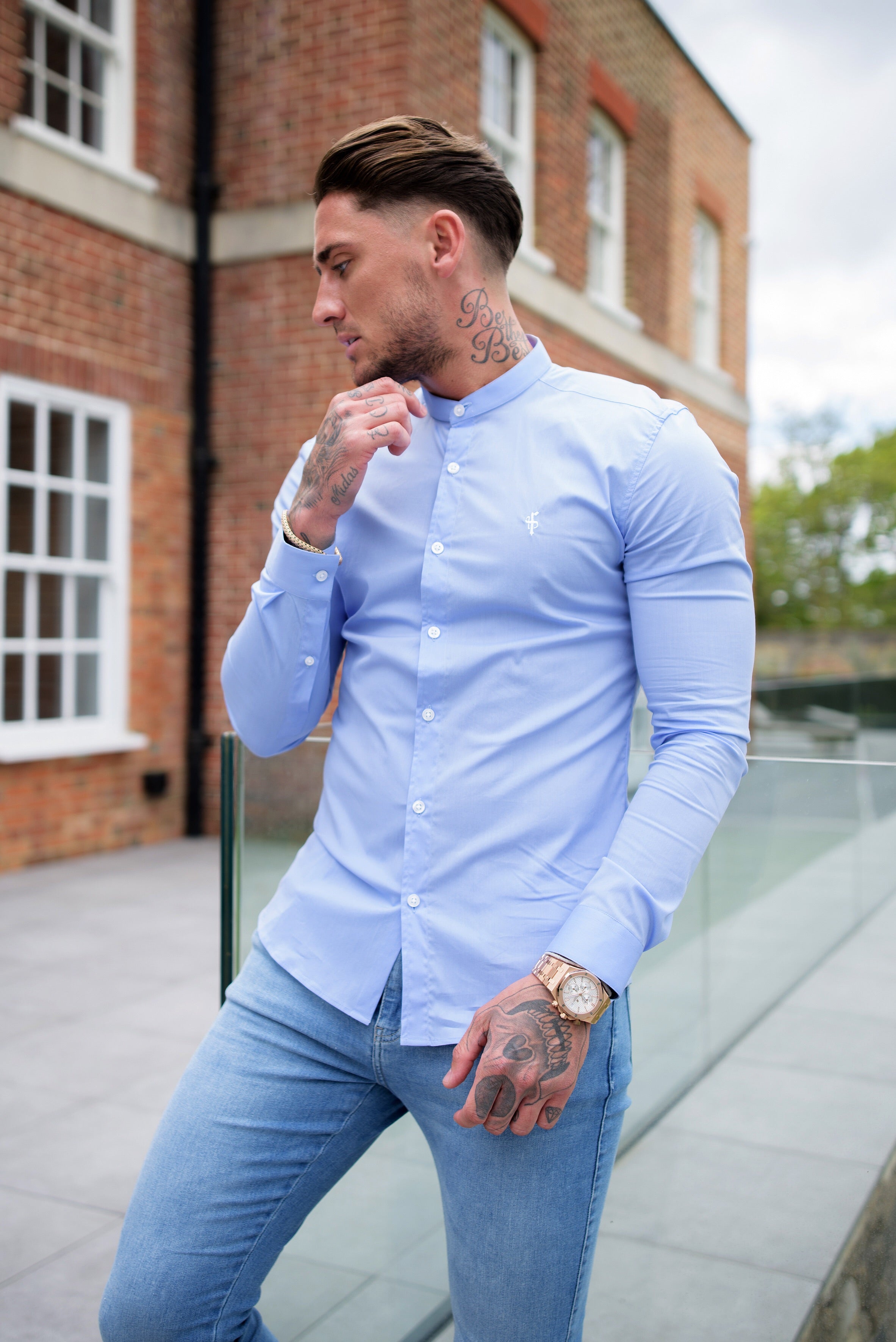 Super Slim Stretch Light Blue Grandad Collar - FS555
