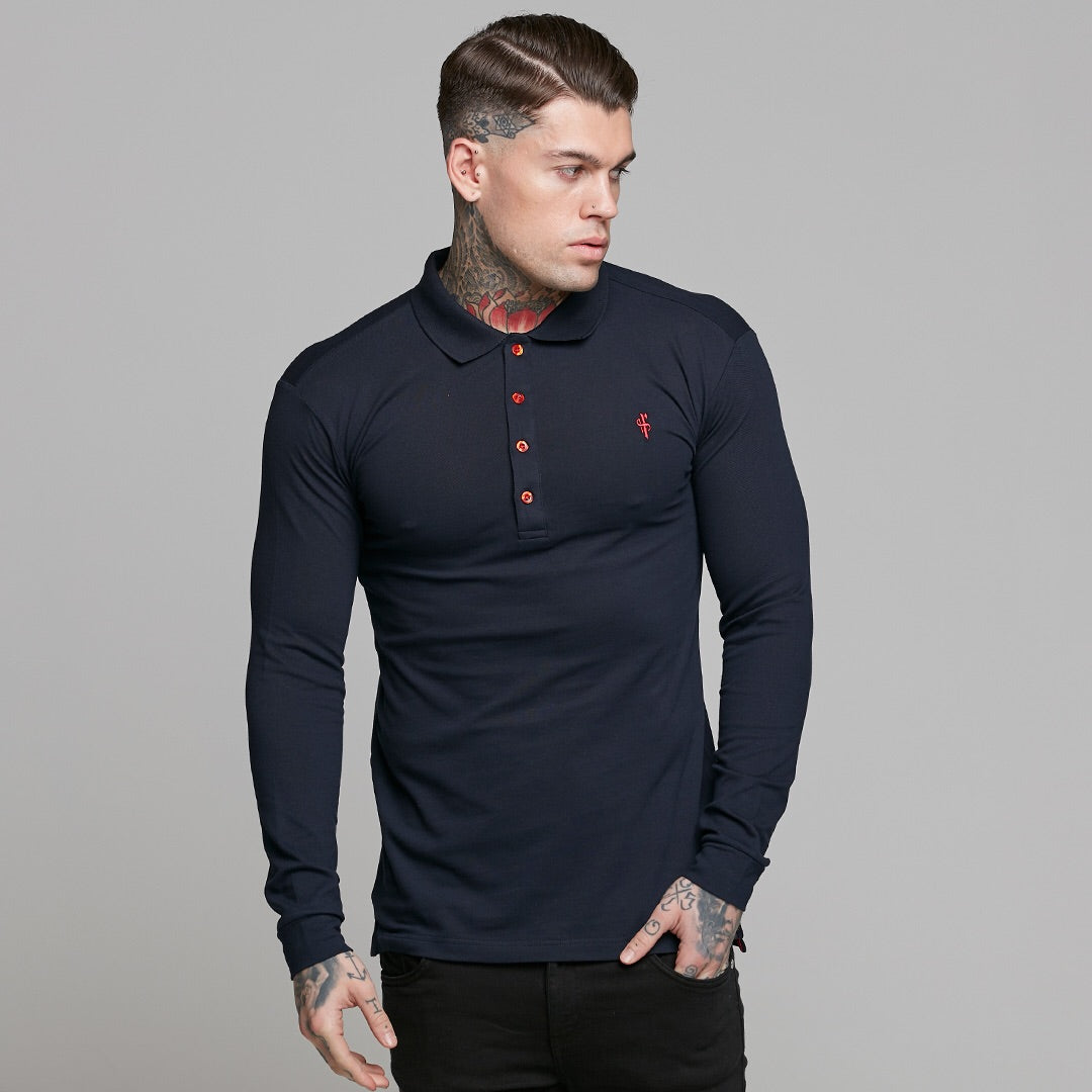 Classic Navy and Red Contrast Polo Shirt Long Sleeve - FSH326