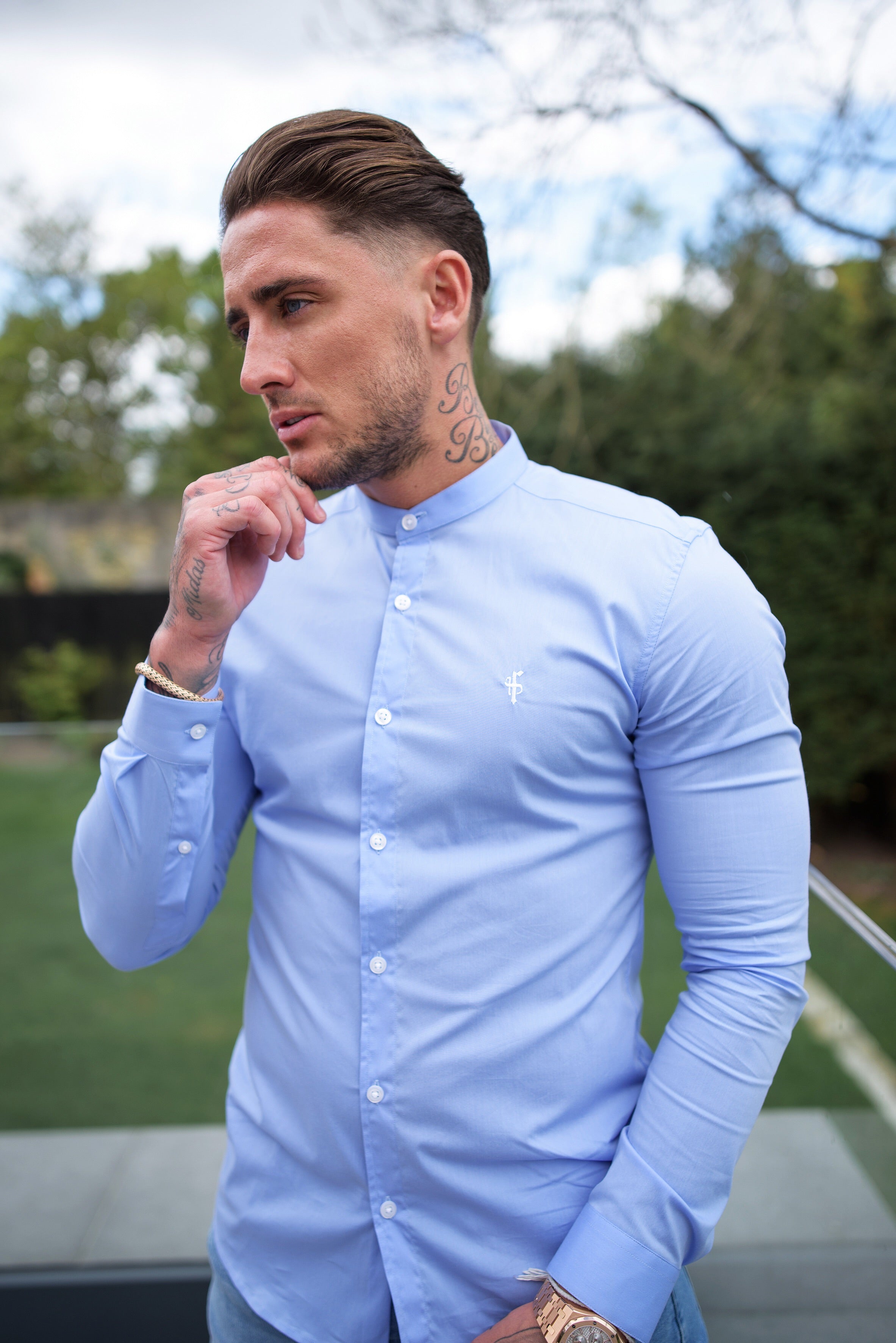 Super Slim Stretch Light Blue Grandad Collar - FS555